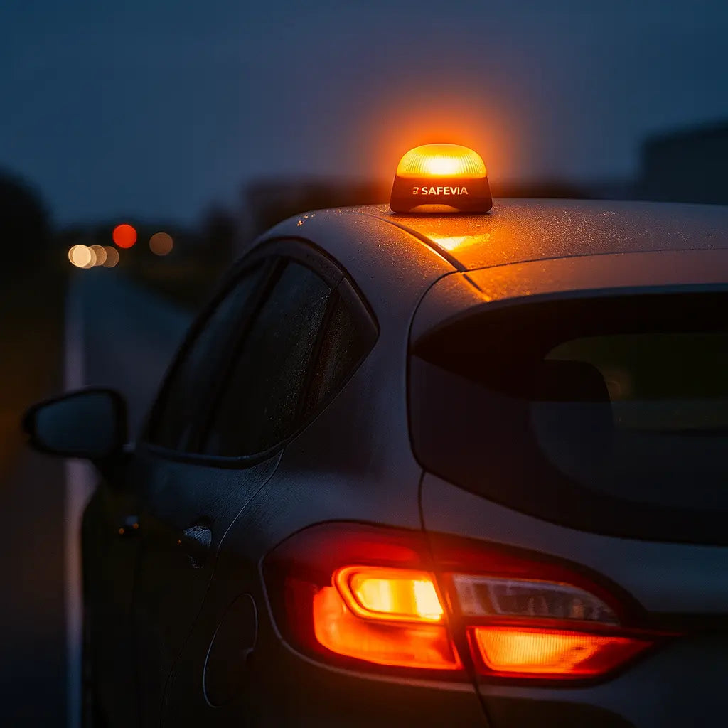 Instalación magnética baliza V16 Safevia en techo de vehículo 