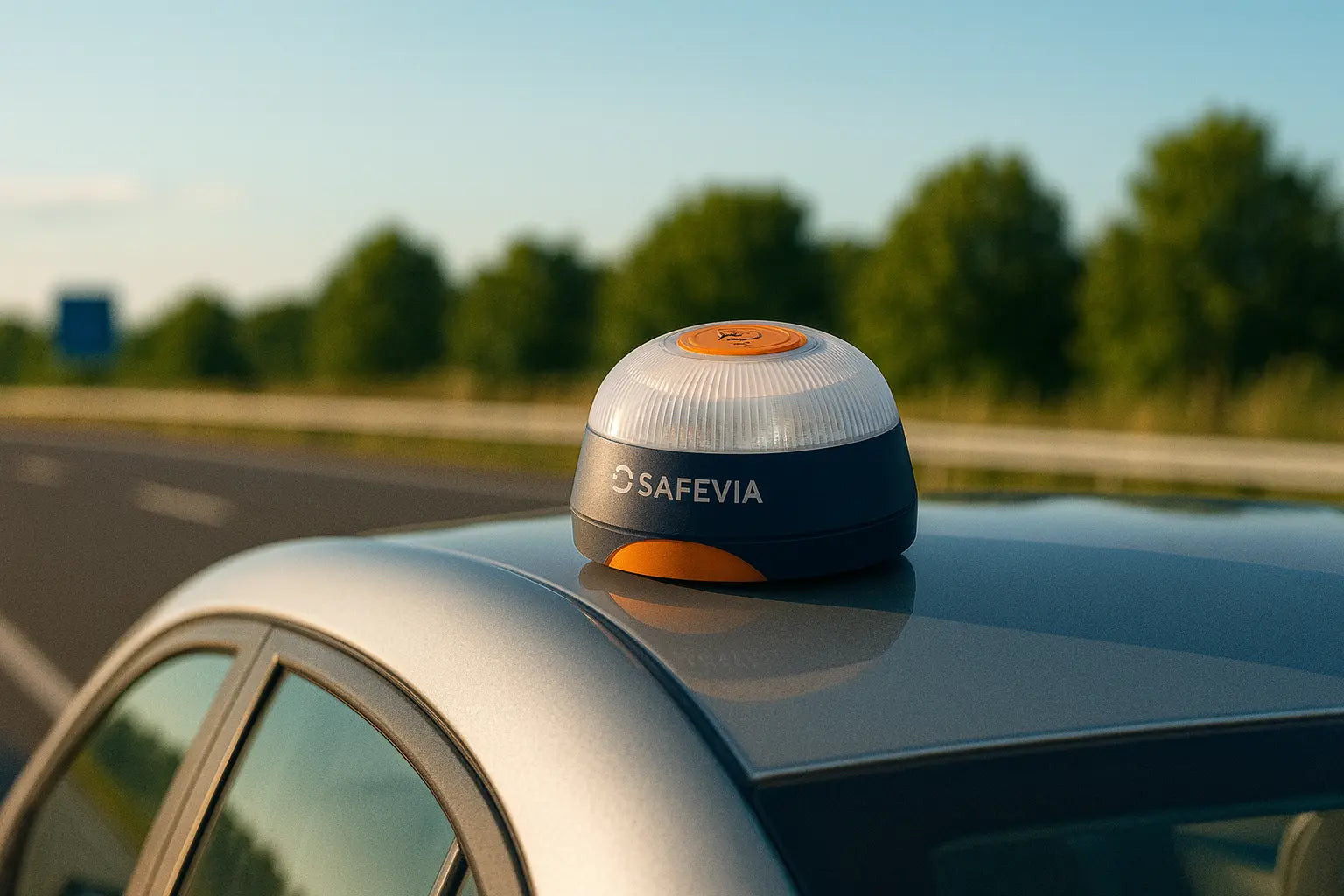 Baliza V16 Safevia certificada por la DGT 3.0 sobre coche de noche